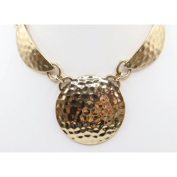 Hammered Circle & Half Moon Gold Tone Statement Necklace 20.5" Unsigned - Picture 2 of 5